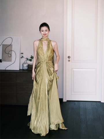 Simple Olive Green A Line V Neck Pleated Satin Prom Dress Party Dresses HZ1023